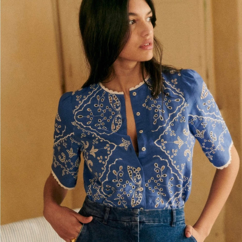 Sezane Blue Embroidered Puff-Sleeve Blouse